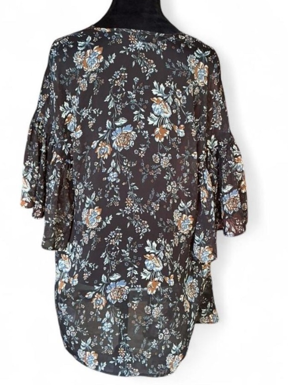 Boho Cottagecore American Eagle Dark Chocolate Brown Floral Ruffle Sleeve Kimono - Picture 2 of 4